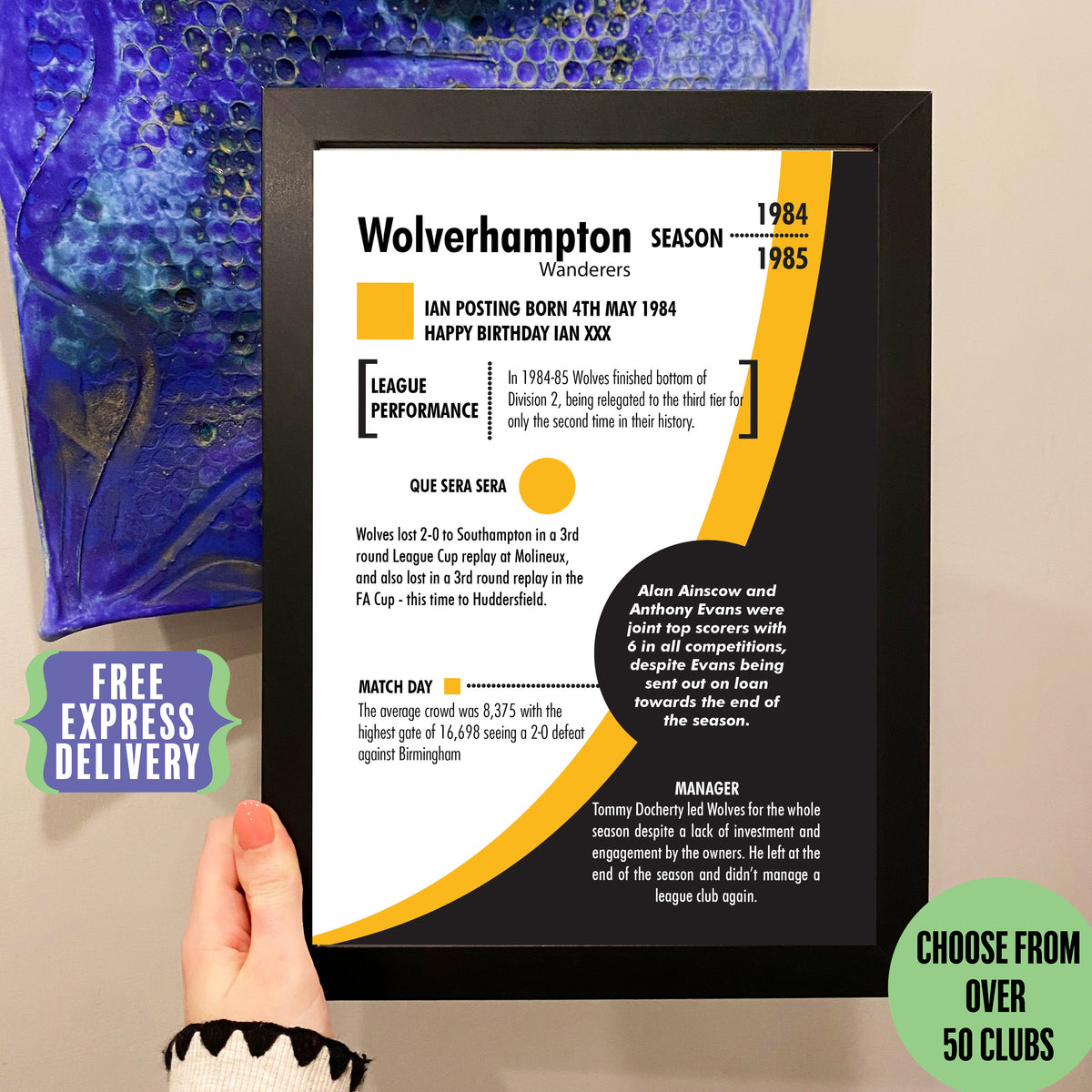 Personalised Wolves fan birthday gift print