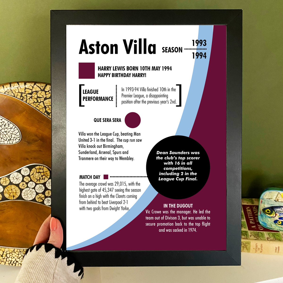Aston Villa Football Club Season Print, Custom Personalised Print, Aston Villa FC Fan Gift, Choose from 50 Seasons, Custom Football Art
