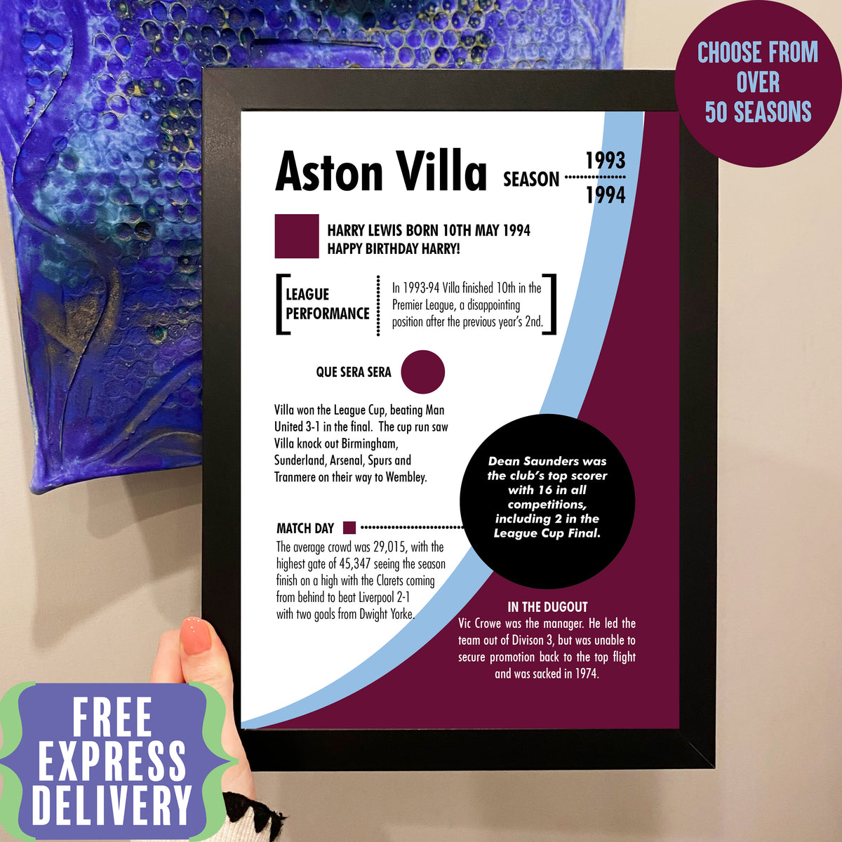 Aston Villa Football Club Season Print, Custom Personalised Print, Aston Villa FC Fan Gift, Choose from 50 Seasons, Custom Football Art