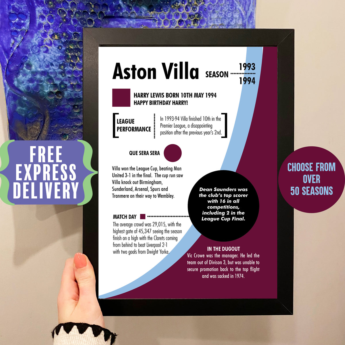 Aston Villa Football Club Season Print, Custom Personalised Print, Aston Villa FC Fan Gift, Choose from 50 Seasons, Custom Football Art